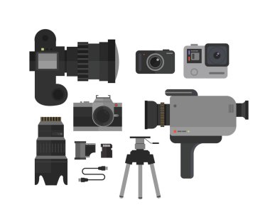 Fotoğraf ve video kamera, simgeler düz stil ayarlayın. Fotoğrafçı kiti vektör çizim.