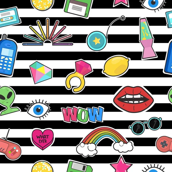 Retro 80s or 90s fashion style abstract seamless pattern background with stickers.Vector illustration. — Stockový vektor
