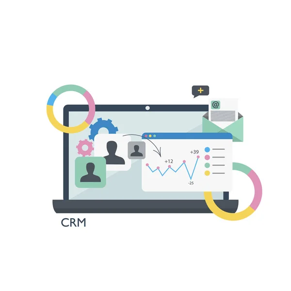CRM. müşteri ilişkileri yönetimi. Dizüstü tablo ve grafikler. Düz vektör çizim — Stok Vektör