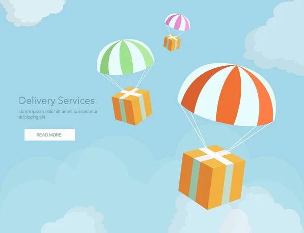 Webbanner voor leveringsdiensten en E-Commerce. Pakketten zijn vliegen op parachutes. Vlakke elementen geïsoleerde vectorillustratie — Stockvector