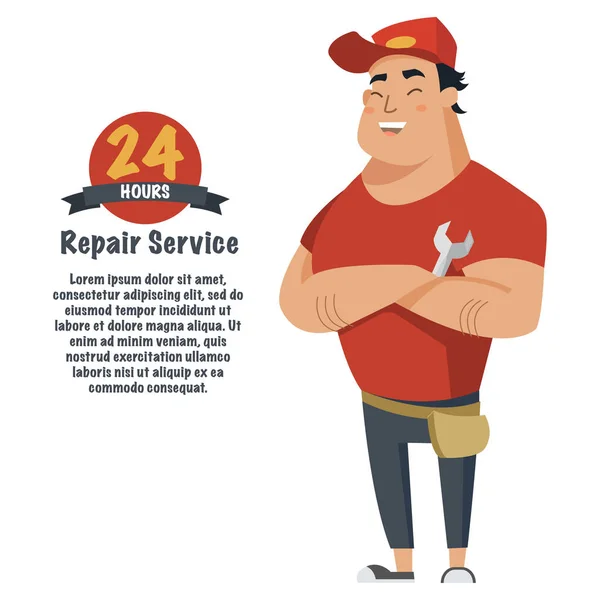 Reparatie man met de sleutel in de hand. Loodgieter, monteur of klusjesman in werkkleding. Platte vectorillustratie — Stockvector