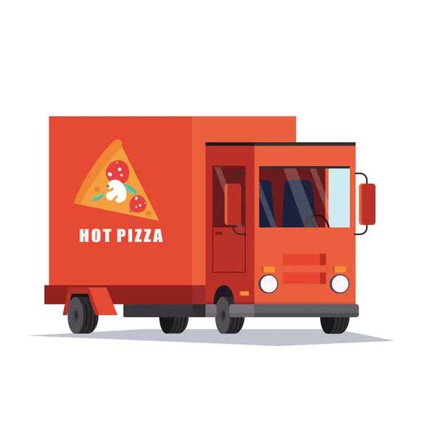 Fast-Pizza-Lieferwagen, van.food truck. flacher Vektor — Stockvektor