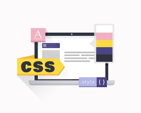 CSS κώδικα δέσμης ενεργειών, προγραμματιστής web έννοια. Λογισμικού κωδικοποίησης, γλώσσες προγραμματισμού, δοκιμές, εντοπισμού σφαλμάτων, ιστοσελίδα. Επίπεδη σχεδίαση εικονογράφηση διάνυσμα. — Διανυσματικό Αρχείο