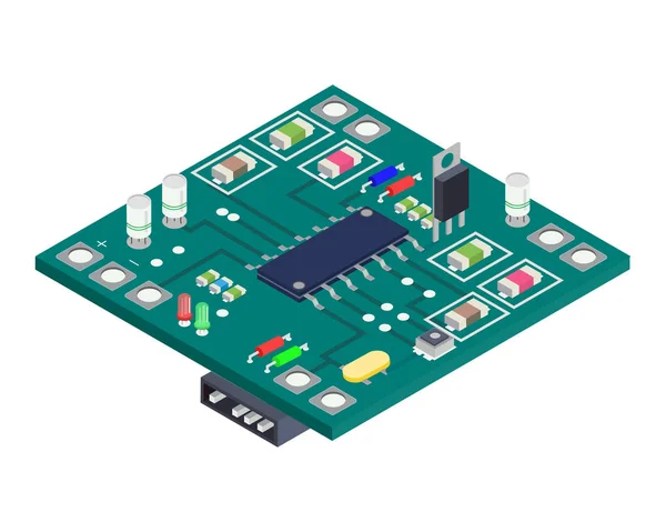 Composición isométrica de la placa electrónica.Concepto del dispositivo del equipo de la tecnología. Ilustración vectorial — Archivo Imágenes Vectoriales