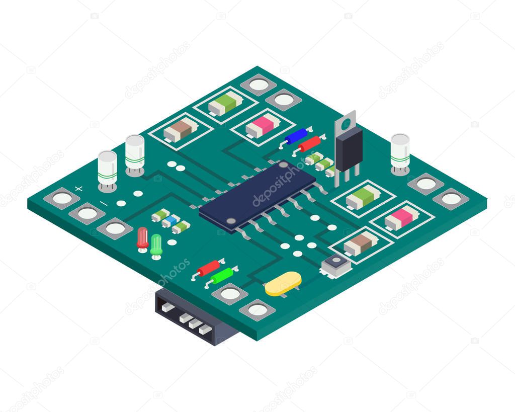 Electronic board isometric composition.Technology Equipment Device Concept. Vector illustration