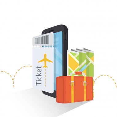 Uçak bileti Online satın. Online Ordering.Internet e-ticaret, seyahat ve teknoloji. Vektör çizim