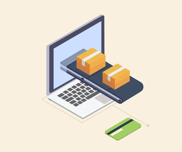 Een concept voor snelle leveringsservice. Pakket box op een laptop scherm. Isometrische illustratie vector. — Stockvector
