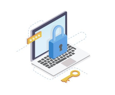 Internet güvenlik izometrik kavramı. Trafik şifreleme, Vpn, gizlilik koruma Antivirus hack.flat 3d isometry