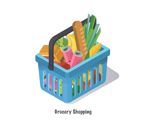 Cesta de compras com alimentos frescos e bebidas.Compre supermercado no supermercado.Ilustração vetorial isométrica — Vetor de Stock