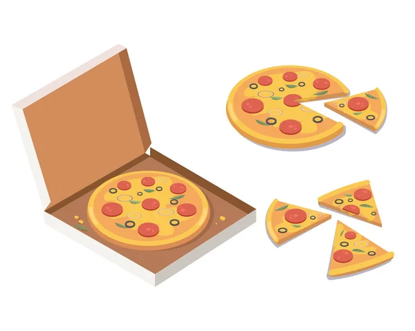 Isometrische Pizza im geöffneten Karton, leckere ganze Pizza, Scheiben. — Stockvektor