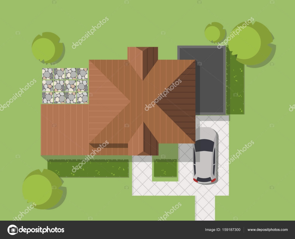Top View Of A Country With House Courtyard Lawn And Garage Top