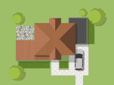 Bir ülkenin ev, avlu, çim ve garaj ile üstten görünüm. Üstten Görünüm bir evin. Vektör çizim.