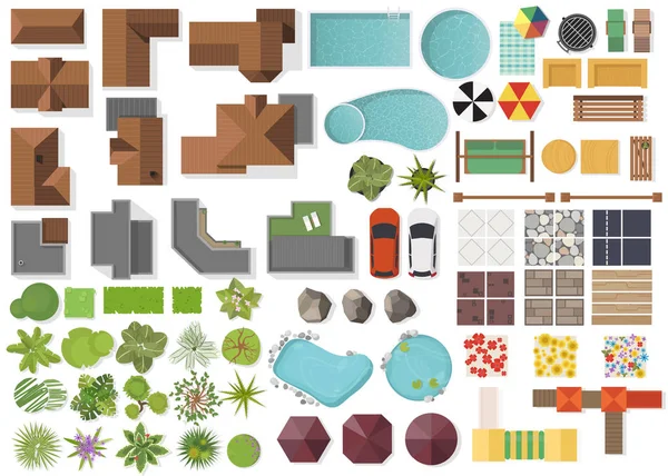 Set Landscape elements, top view.House, garden, tree, lake,swimming pools, bench, table. Landscaping symbols set isolated on white Royalty Free Stock Vectors