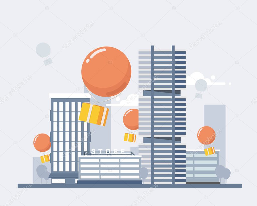 Delivery Services and E-Commerce. Packages fly on balloons, descend on the city. Flat elements isolated vector illustration