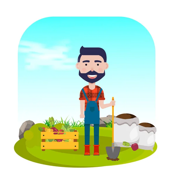 Agricultor con pala, verduras y fertilizantes. ilustración vectorial — Archivo Imágenes Vectoriales