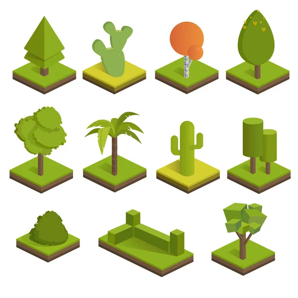 Set isometric 3d trees.Big and small trees, bush, palm tree, cactus, spruce.Vector icons for isometric maps, games and your design . — стоковый вектор