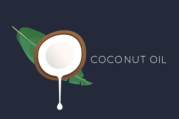 Logo de coco. La mitad del coco con leche corriente y una hoja de palma. ilustración vectorial — Vector de stock