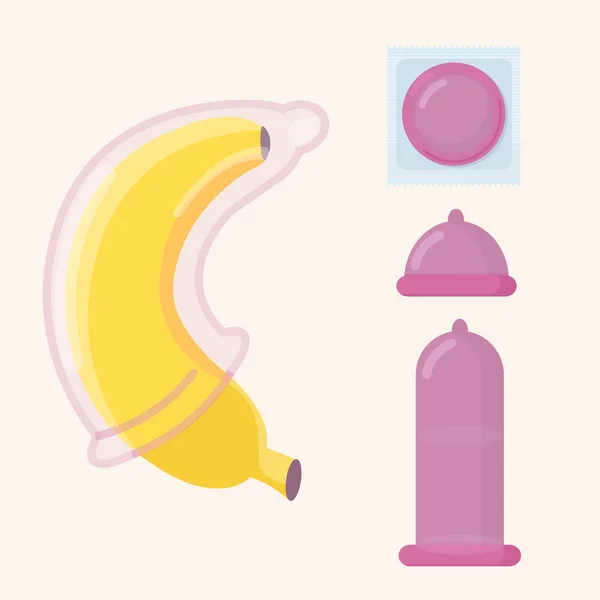 Conjunto de vector de preservativo. Envoltura de condón, paquete, condón está vestido con un plátano. Sexo seguro, prevención de ETS y concepto de concienciación sobre el sida . — Archivo Imágenes Vectoriales