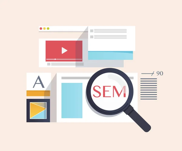 Концепция SEM - Search Engine Marketing, digital marketing, creative business internet strategy and market promotion development . — стоковый вектор