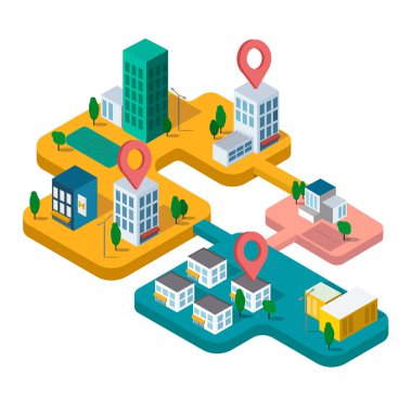 Emlak iş kavramı evleriyle. İzometrik vektör çizim binalar.