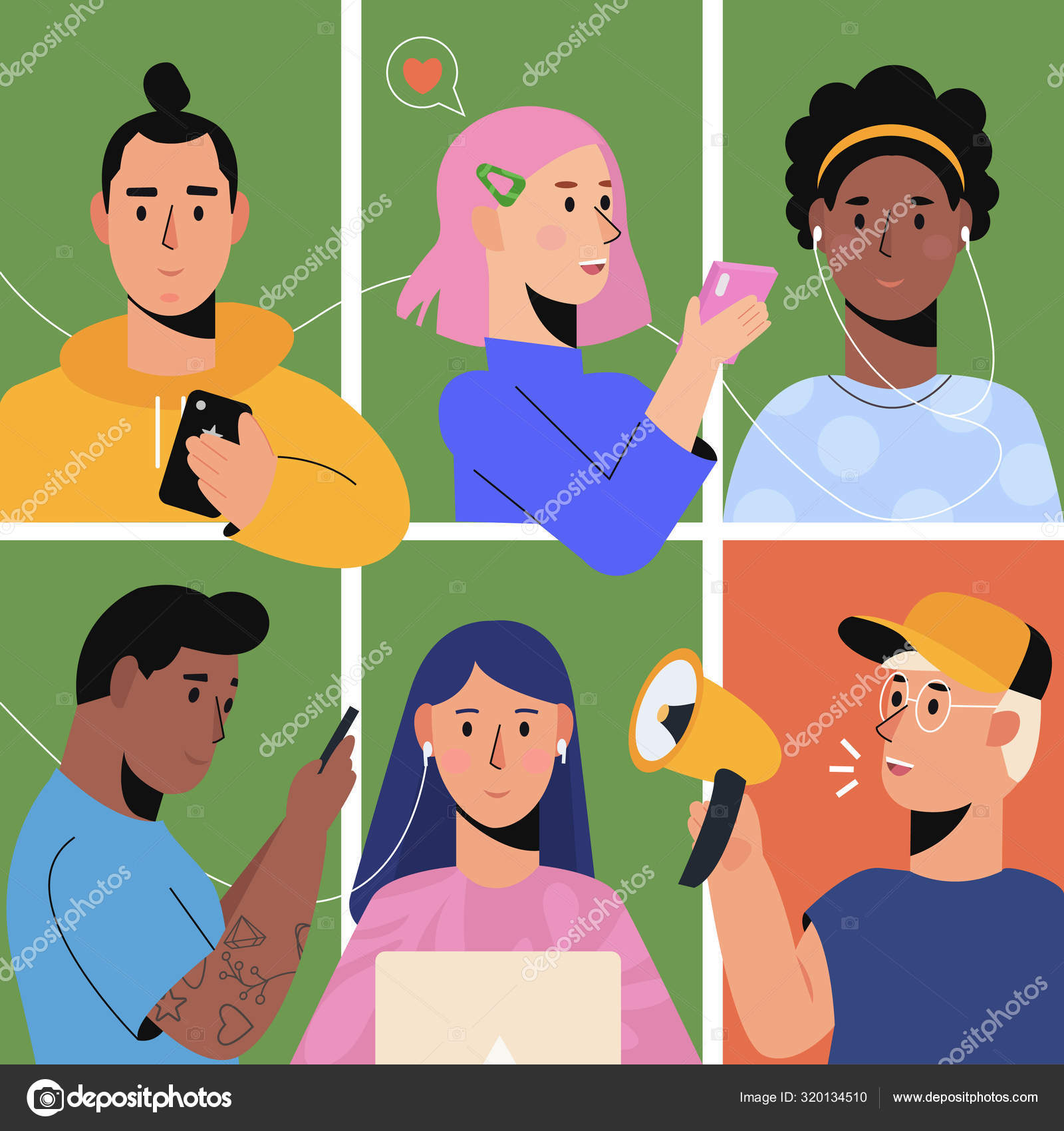 Young girl chatting with her friends and family online by video call app  with laptop. Group chatting, Social media technology concept illustration.  Flat design style cartoon character. Stock Vector