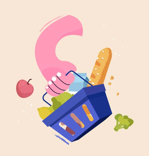 Hand Holds Shopping Basket Full Fresh Produce Buy Grocery Supermarket — Stock Vector