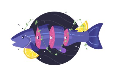 Somon balığı dilimlenmiş biftek. Limonlu, baharatlı ve kekik otlu deniz ürünleri. Çizgi film tarzında vektör illüstrasyonu