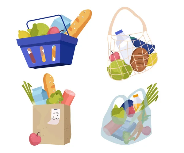 Conjunto Varias Bolsas Compras Llenas Mercancías Canasta Comida Paquetes Papel — Vector de stock