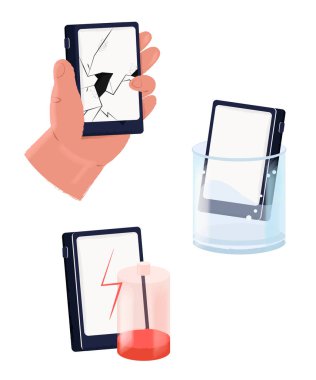 Mobil onarım ve servis konsepti. Smartphone kırık ekran, bozuk batarya ve su hasarı ile ayarlandı. İzometrik vektör illüstrasyonu 