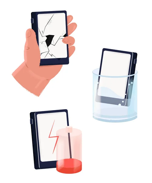 Mobile Repair Service Concept Set Smartphone Cracked Screen Broken Battery — 스톡 벡터