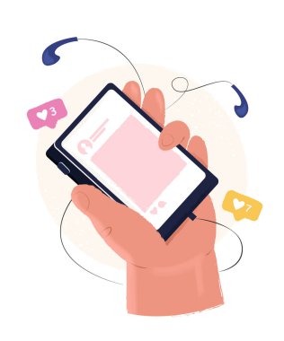 Sosyal ağ konsepti. Akıllı telefonu tutarak, mesaj göndererek, kuryeyle sohbet ederek. Sanal ilişkiler, bilgi alışverişi. Vektör illüstrasyonu