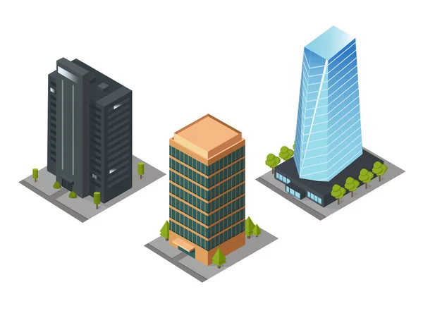 Isometric Skyscrapers Roads Trees Set Buildings Modern Apartments Vector Isolated — 스톡 벡터