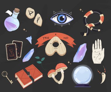 Gizemli, esrarengiz ve esrarengiz seti - planchette, kitap, el yazısı, kristal top, şişe iksiri ve tarot düz vektörü izole. Sihirli eşyalar koleksiyonu, cadılık sembolleri.