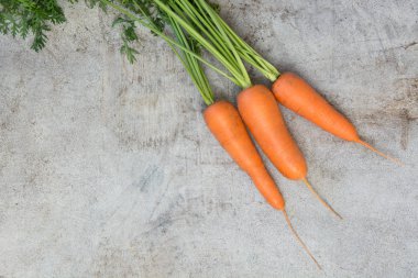 Taze organik havuç yeşil başında rustik masa, closeup ile. Uzay kopyalayın. Üstten Görünüm.