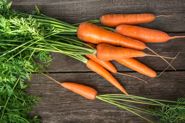 Zanahorias orgánicas frescas con tapas verdes en la mesa de madera. Copiar espacio. Vista superior . — Foto de Stock