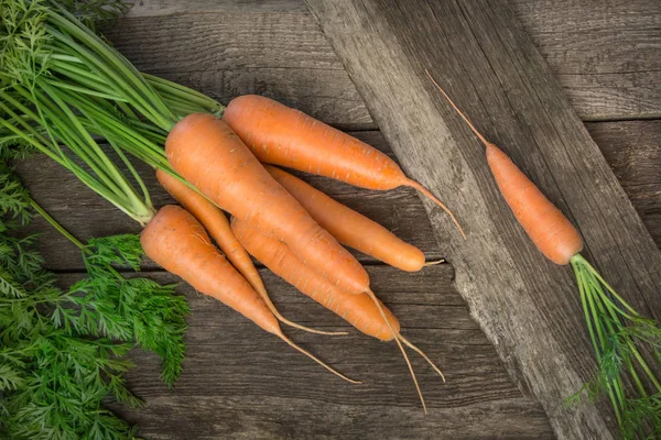 Zanahorias orgánicas frescas con tapas verdes en la mesa de madera. Copiar espacio. Vista superior . — Foto de Stock