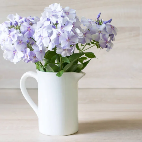 Buquê de flox azul em um vaso branco em fundo de madeira . — Fotografia de Stock