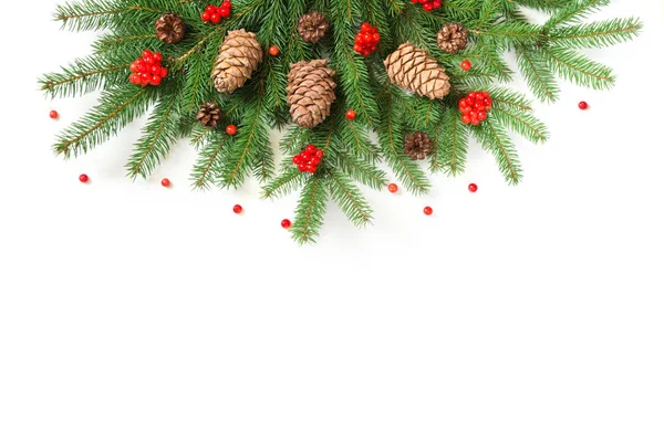 Rami di albero di Natale con coni di cedro e bacche rosse di viburno su sfondo bianco. Vista dall'alto . — Foto Stock