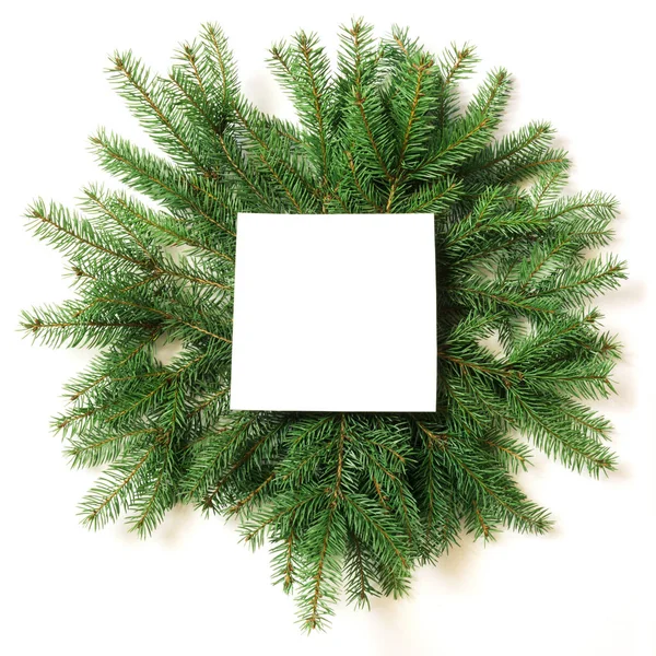 Yapılmış yaratıcı düzeni boş boş beyaz arka plan üzerinde Noel ağacı dalı. Üstten Görünüm.