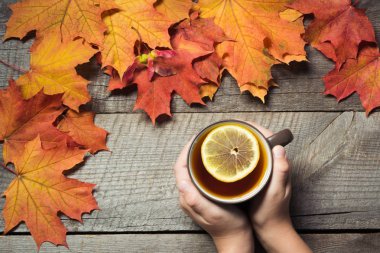 Fincan çay limon elinde, ahşap tahta üzerinde renkli sonbahar yaprakları ile. Sonbahar natürmort, vintage tarzı.