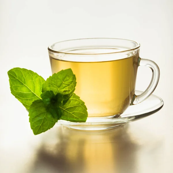 Стакан зеленого чая и мятных листьев на белом . — стоковое фото