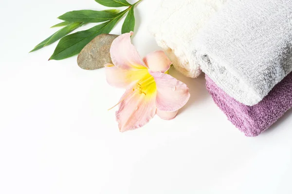 Spa setting of towel, flower isolated on white background with copy space. — Stock Photo, Image