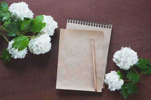 Female workplace blogger, reporter or artist for inspiration with flowers of viburnum and a sketchbook and pencil. Top view. — Stock Photo, Image