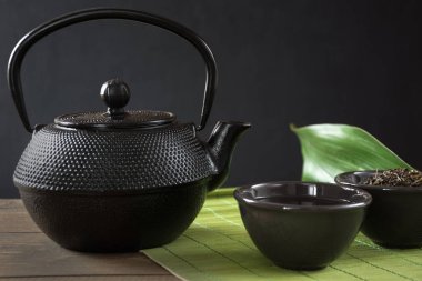 Yeşil çay siyah kopya alanı ile siyah Çin su ısıtıcısı ile fincanla. Yakın çekim. Çin çay kavramı.