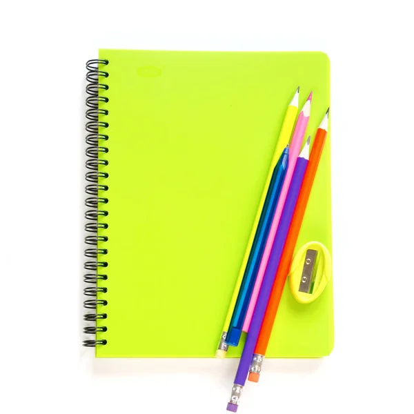 Kleurrijke schoolbenodigdheden, boeken en potlood op wit. Bovenaanzicht, plat lag. Vierkant plaatje. — Stockfoto