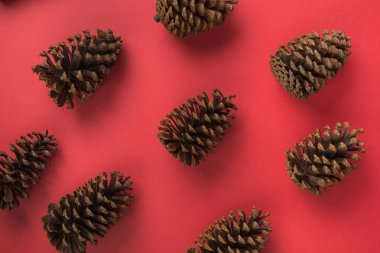 Kırmızı arka planda birçok doğal koni var. Kompozisyonu aç. Xmas kartı. Mutlu yıllar..