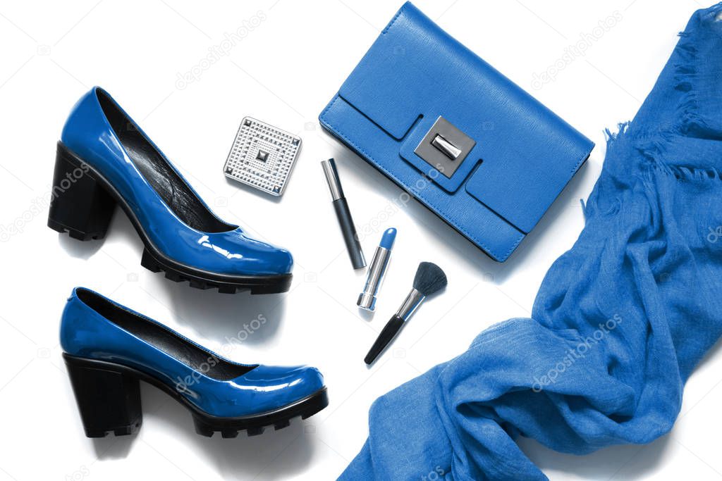 Collection of blue women's accessories for special date or holiday. Flat lay. Trendy color of 2020 Year.