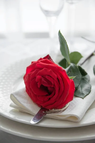 Valentine\'s day or romantic dinner with red rose.