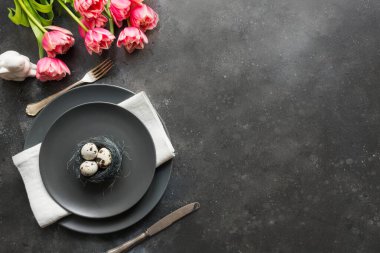 Paskalya sofrasında yumurta yuvası ve karanlıkta lale. Üst görünüm.