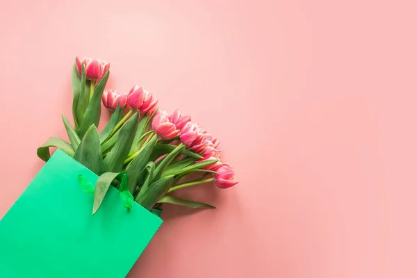 Flores de tulipán rojas frescas en bolsa de papel verde sobre rosa. Primavera . — Foto de Stock